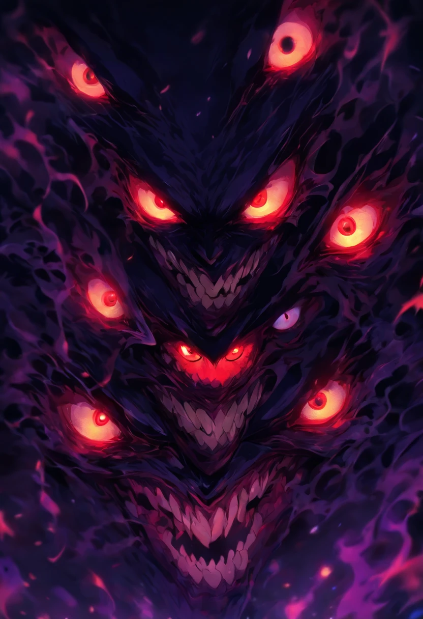 A close up view of sinister and glowing demonic eyes, dark chilling horror film elements, perfect masterpiece, high quality, high resolution