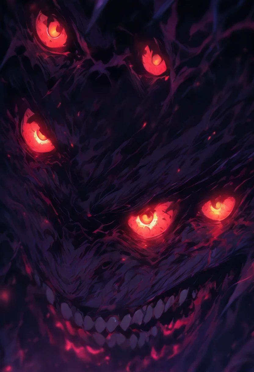 A close up view of sinister and glowing demonic eyes, dark chilling horror film elements, perfect masterpiece, high quality, high resolution