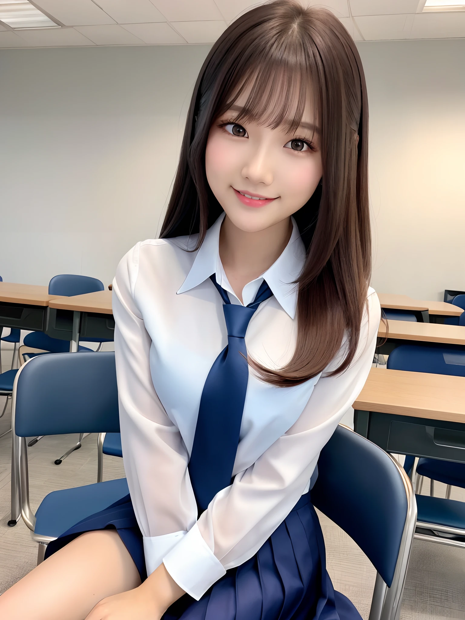 product quality, 1girl, upper body shot, front view, a Japanese young pretty woman, long bob hair, glamorous figure, wearing a long sleeves white collared silky satin shirt with a dark blue satin plain tie, wearing a dark blue pleated long skirt, sitting with a big smile on a chair in front of a desk in a crowded classroom, a lunch box on the desk, hyper cute face, glossy lips, double eyelids in both eyes, natural makeup, long eyelashes, shiny smooth light brown long bob hair, asymmetrical bangs, a tanned skin, central image, high resolution, high detail, detailed hairstyle, detailed face, spectacular cinematic lighting, octane rendering, vibrant, hyper realistic, perfect limbs, perfect anatomy