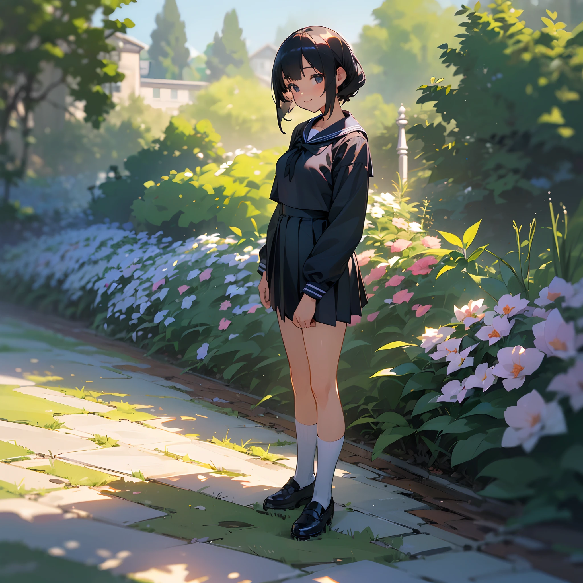 (Best Quality, hight resolution, Ultra-detailed, Realistic:1.37), peaceful ambiance, (plein air, garden),  girl standing alone, Beautiful detailed features, Cute smile, ((Black bob hair)), ((Bigchest)), Navy blue sailor suit, Pleated skirt, Leather shoes.