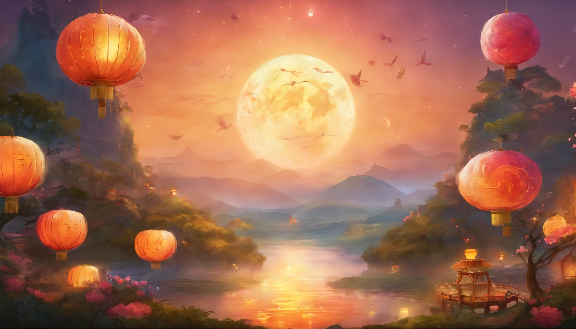 Mid-Autumn Festival, Full moon, the night, (Moon cake), teas, the fruits, edgBunny, Chang'e rushes to the moon, symetry, High detail, romanticism lain, Sparkle, god light, Ray tracing, hyper HD, retinas, Masterpiece, ccurate, Super detail, High details, High quality, Best quality, A high resolution, 16k, Anatomically correct