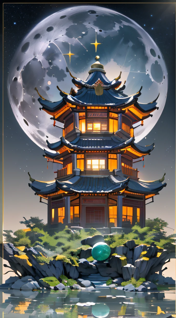 Orange moon,Guanghan Palace,Emerald base,full moon,The pot is composed of Hetian jade,Crystal clear jade carvings,The ivory tortoiseshell is full of color, clearly visible,(Star Draft,starryskybackground,In the glow-in-the-dark world:1.45),
