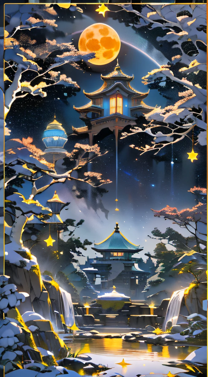 Orange moon,Guanghan Palace,Emerald base,full moon,The pot is composed of Hetian jade,Crystal clear jade carvings,The ivory tortoiseshell is full of color, clearly visible,(Star Draft,starryskybackground,In the glow-in-the-dark world:1.45),