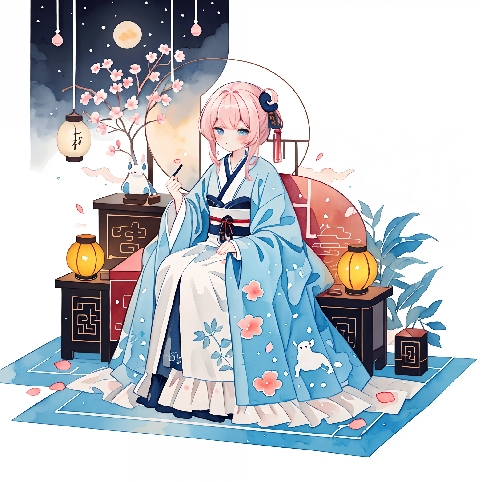 (pastelcolor:1.3)、(cute illustration:1.3)、(watercolor paiting:1.1),(A rabbit:1.4), sat on the ground, Looking up, ((sweet osmanthus,Kongming Lantern,Meniscus,Moon cake:1.3)),Mid-Autumn Festival atmosphere:1.3,(Chinese kanji:1.3),Traditional Chinese illustration style, Digital art, Simple background, Masterpiece on white background, Best quality, Ultra-detailed, High quality, 4K