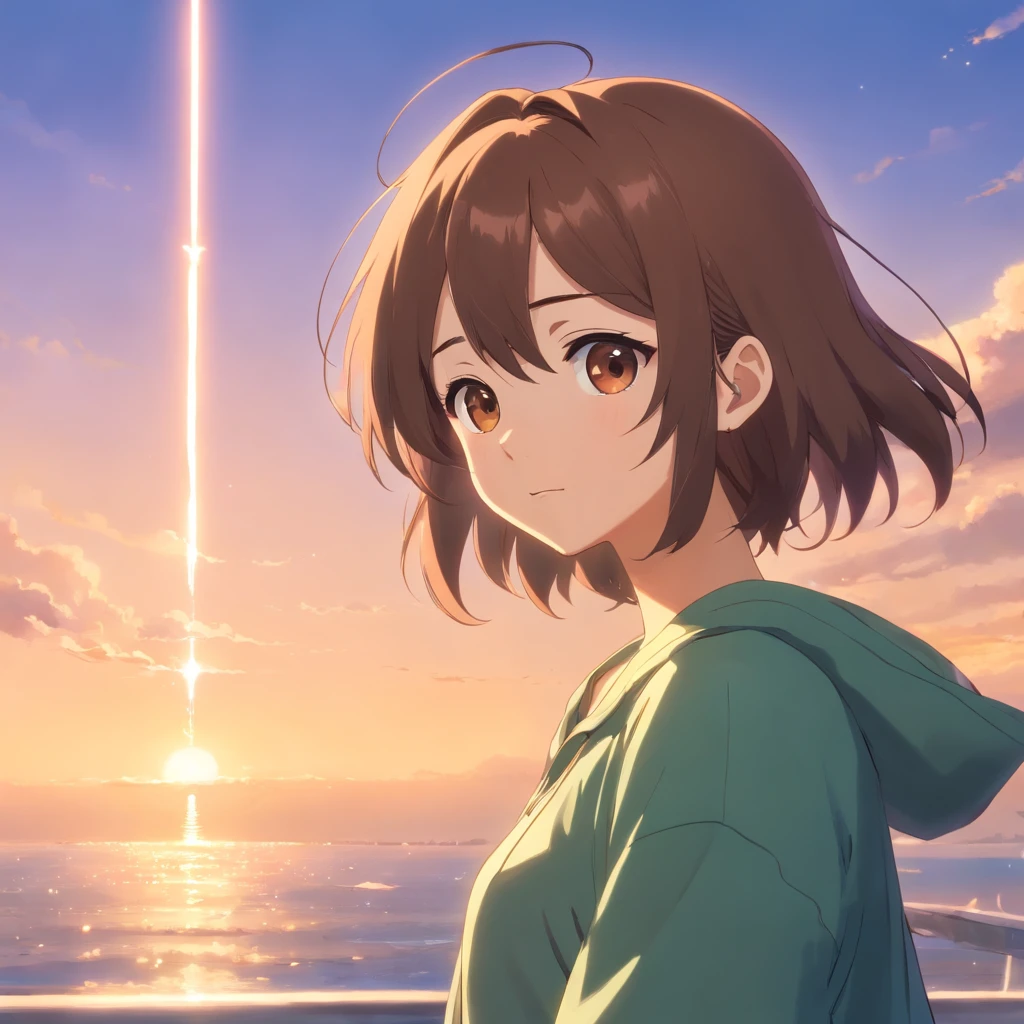 tmasterpiece，melhor qualidade，cinematic Film still from，1st grade，floating into the sky，clivagem em close-up，brilhantemente，alegria，warm and gentle lighting，the sunset，cabelo marrom com oculos e moletom bege com olhos castanho claro（Spark of Light：0.7）