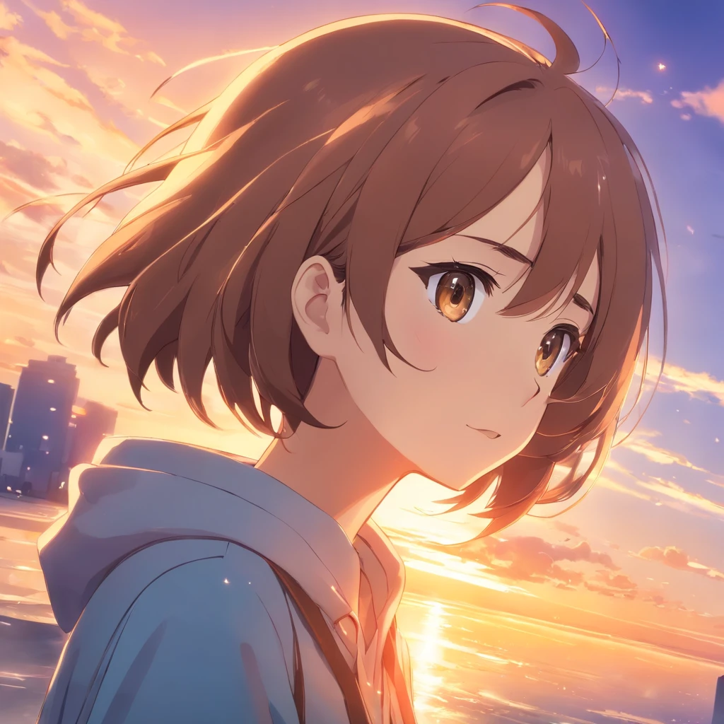 tmasterpiece，melhor qualidade，cinematic Film still from，1st grade，floating into the sky，clivagem em close-up，brilhantemente，alegria，warm and gentle lighting，the sunset，cabelo marrom com oculos e moletom bege com olhos castanho claro（Spark of Light：0.7）