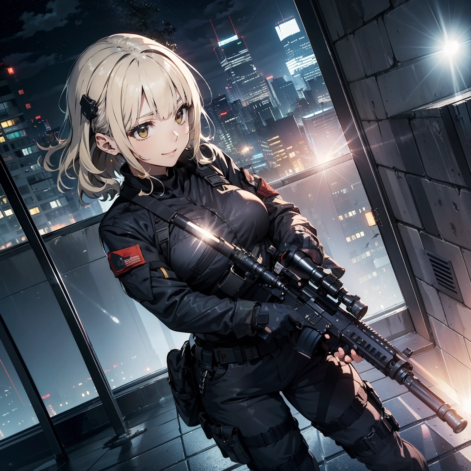 (Trained female soldiers)、((Aim and fire your rifle:1.4、Sniper stance、guns、h&K HK416))、1 Women、a smile、thick body、(Black combat uniform)、(platinum-blonde-hair:1.2)、((超A high resolution))、Detail Write、​masterpiece、top-quality、extremely details CG、8K picture quality、Cinematographic lighting、lensflare、(Skyscraper rooftop at night:1.4)、Hyper-detailing、((Dynamic Angle Bust Shots:1.4))、Detailed firearm depiction、Rifle with perfect detail、Perfect barrel that does not distort、Combat helicopter flying in the night sky