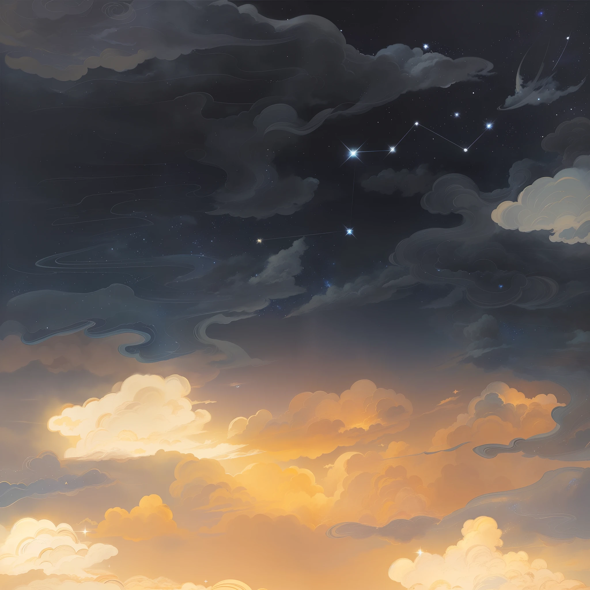 There is a painting of the sky with clouds and stars, baroque painting. star lit sky, atmospheric dreamscape painting, painting of a dreamscape, sky, space clouds, Golden clouds, Cosmos Sky, Cosmos Sky. By Makoto Shinkai, on cosmic cloudscape, brittney lee, Detailed sky, Cosmos Sky