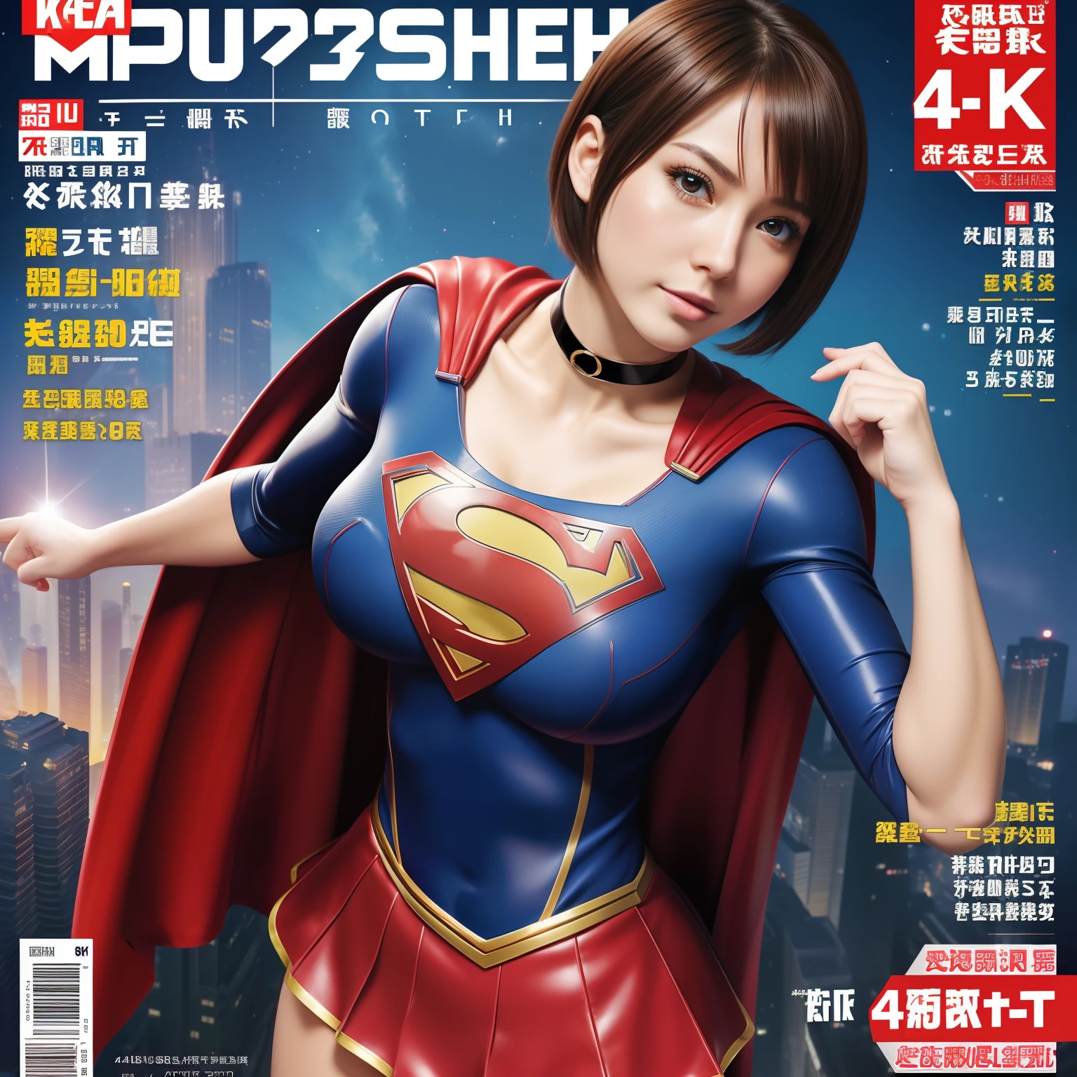 (super high quality, 4K, 8K, high resolution, masterpiece:1.2), ultra detailed, realistic:1.37, super masterpiece,Short-haired Supergirl、Gymnasium、bare-legged、Looking at the camera、large full breasts、Too short miniskirt、highleg、Wrestlers、Magazine covers、Glossy costume、a choker