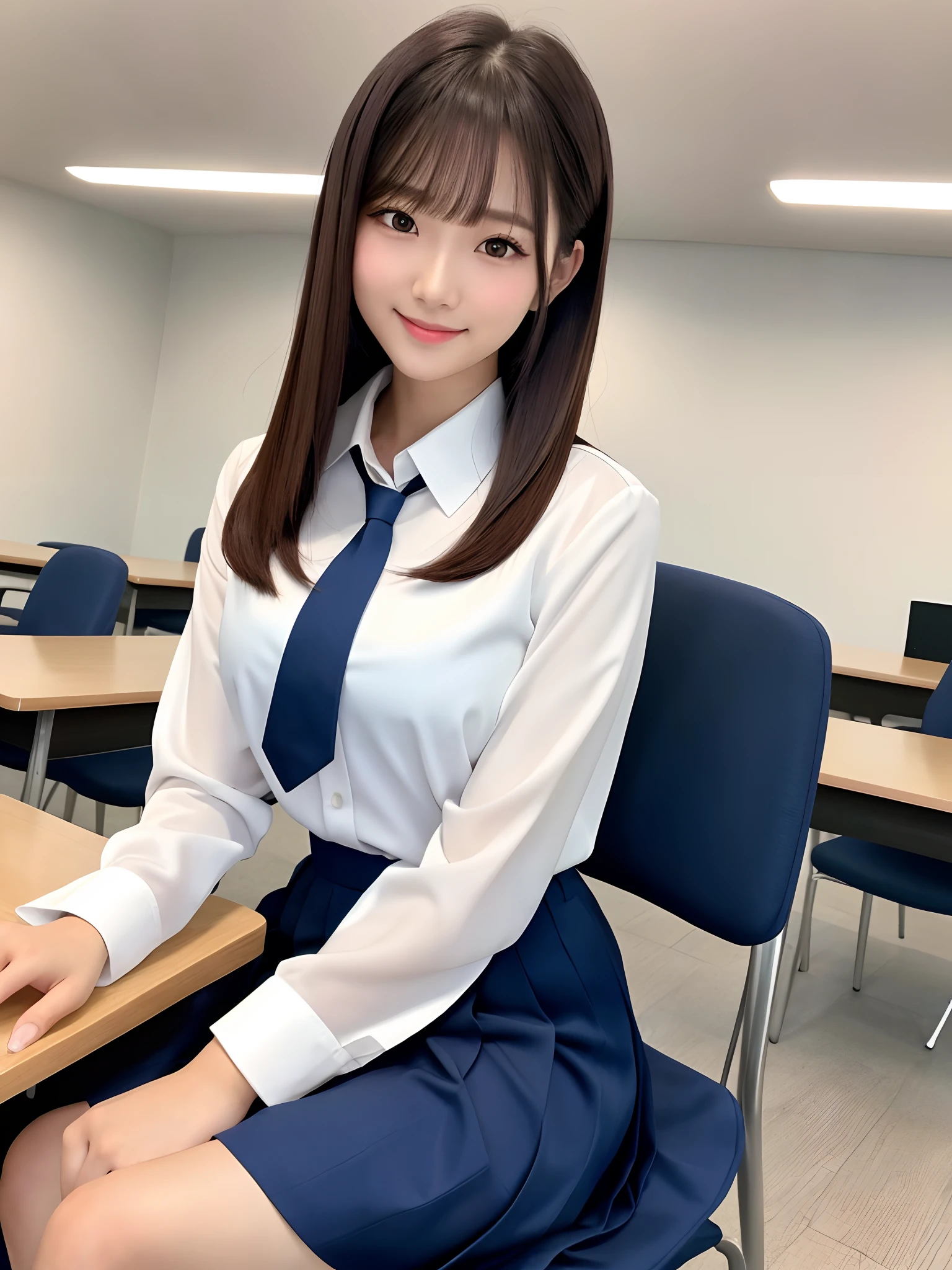 product quality, 1girl, upper body shot, front view, a Japanese young pretty woman, long bob hair, glamorous figure, wearing a long sleeves white collared silky satin shirt with a dark blue satin plain tie, wearing a dark blue pleated long skirt, sitting with a big smile on a chair in front of a desk in a crowded classroom, having a lunch box in her hand, hyper cute face, glossy lips, double eyelids in both eyes, natural makeup, long eyelashes, shiny smooth light brown long bob hair, asymmetrical bangs, a tanned skin, central image, high resolution, high detail, detailed hairstyle, detailed face, spectacular cinematic lighting, octane rendering, vibrant, hyper realistic, perfect limbs, perfect anatomy