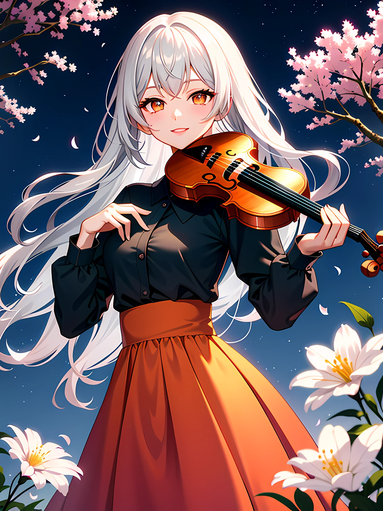 masterpiece, best quality, outdoors, nature, flowers, tress, night sky, 1 girl gray hair, orange eyes, smile, looking at viewer, holding a violin, dress, upper body