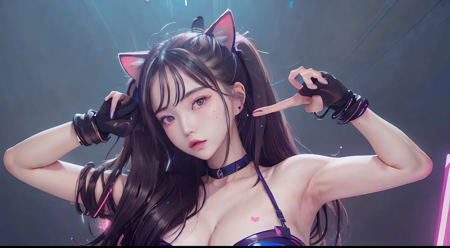 Top Quality, Masterpiece, Ultra High Resolution, (Photorealistic: 1.4), Raw Photo, 1 Girl, Black Hair, Glossy Skin, 1 Mechanical Girl, (Ultra Realistic Detail)), Portrait, Global Illumination, Shadows, Octane Rendering, 8K, Ultra Sharp, Big, Cleavage Exposed Raw Skin, Metal, Intricate Ornament Details, Japan Details, Very intricate details, realistic light, CGSoation trend, purple eyes, glowing eyes, facing the camera, neon details, mechanical limbs, blood vessels connected to the tube, mechanical vertebrae attached to the back, mechanical cervical attachment to the neck, sitting, wires and cables connecting to the head, gundam, small LED lamps,