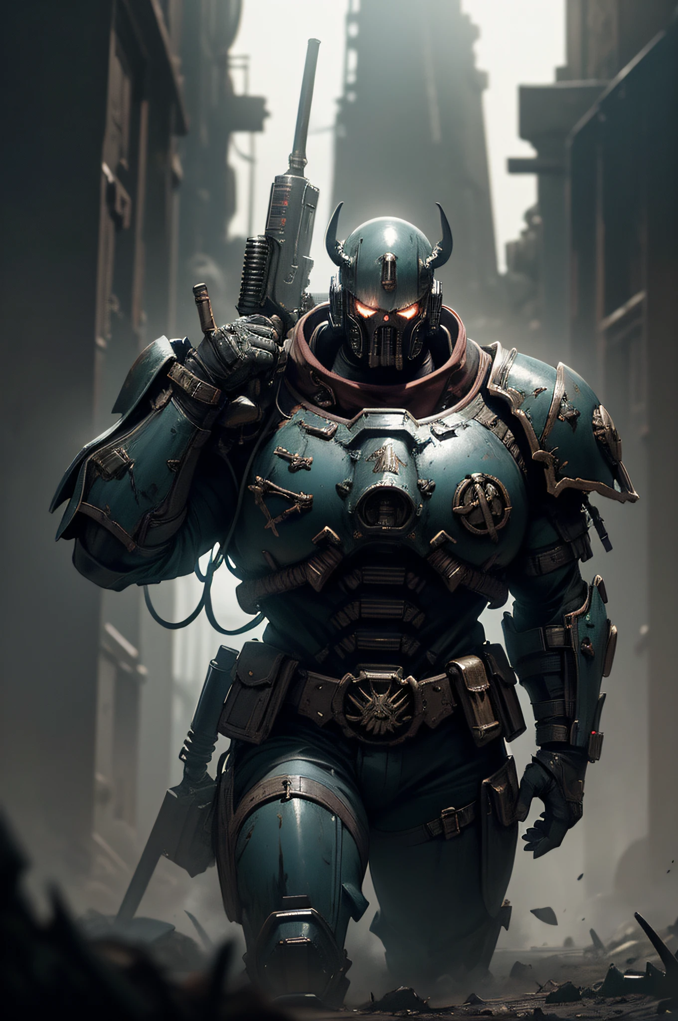 A Space marine, with bolt gun, fighting in a wasteland, Warhammer style, Discreet lighting, gloomy atmosphere, dark shadows, subtle highlights, mysterious aura, panoramic photography, wide-angle perspectives intricately details, Highly detailed, volumetric lighting, 4K rendering, stock photo, Ultra photo realism, Lifelike texture, Dramatic lighting, illusory engine style of dark fantasy art, dark fantasy artwork, dark fantasy character design, dark fantasy concept art