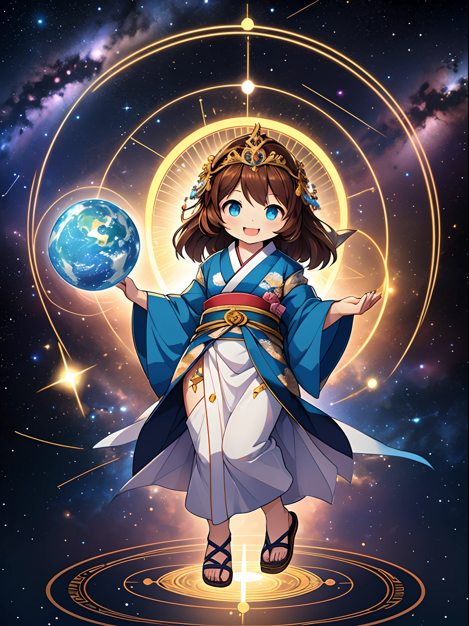 top-quality, masterpiece, High-density illustration, Full Body Display, (The Great Goddess of Creation of the Universe), Chibi Character, Cute Face Goddess, Open your mouth and smile, Brown hair, (Looking at the camera from the front, Beautiful contrast of colors), Luxurious costume with Japan kimono motif, Tiara on the head, Stand on a magic circle floating in the sky:1.2, Wearing sandals, (Ring of light on background:1.1, Blue glowing earth in the center of the ring, The Milky Way in the constellation and the space around it)