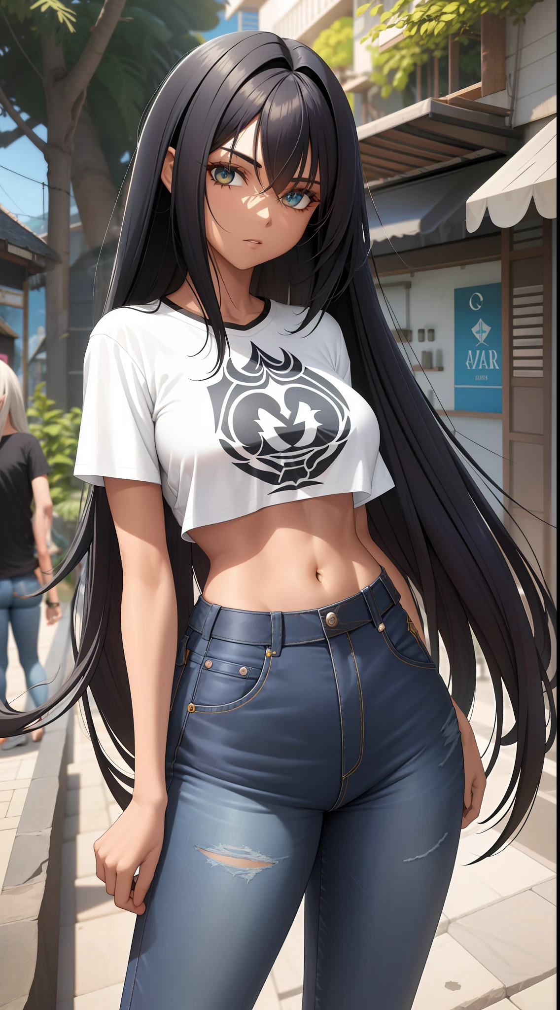 Garota pele branca, cabelo longo preto com mecha roxa na frente, camisa branca, short Jeans, fundo branco