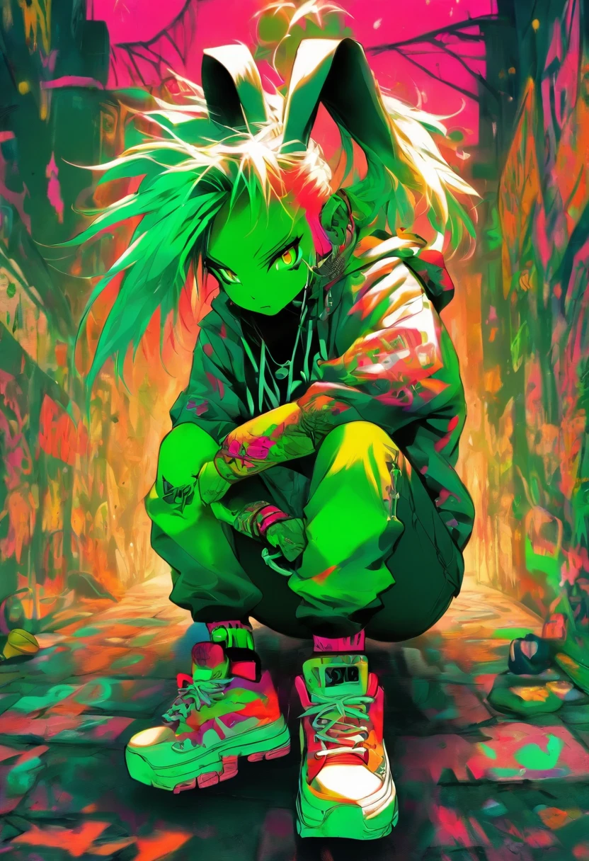 A cool and trendy rabbit, white hair, green eyes, wearing trendy hip hop clothing, wearing a hoodie, graphic t-shirt and torn jeans, tons of tattoos and piercings, graffiti style background, highly detailed background, perfect masterpiece, high quality, high resolution