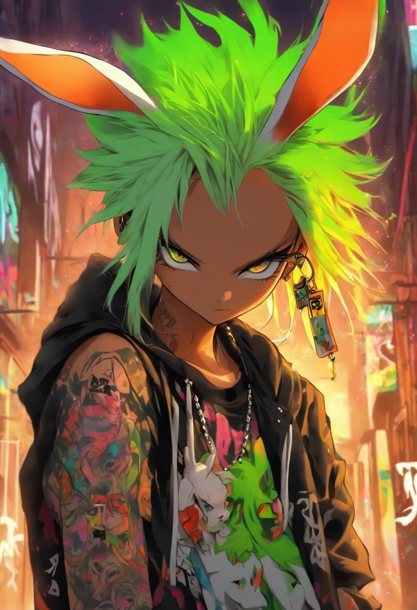 A cool and trendy rabbit, white hair, green eyes, wearing trendy hip hop clothing, wearing a hoodie, graphic t-shirt and torn jeans, tons of tattoos and piercings, graffiti style background, highly detailed background, perfect masterpiece, high quality, high resolution