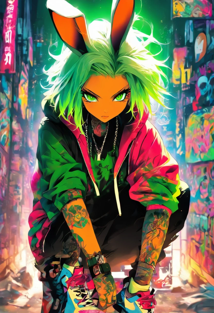 A cool and trendy rabbit, white hair, green eyes, wearing trendy hip hop clothing, wearing a hoodie, graphic t-shirt and torn jeans, tons of tattoos and piercings, graffiti style background, highly detailed background, perfect masterpiece, high quality, high resolution