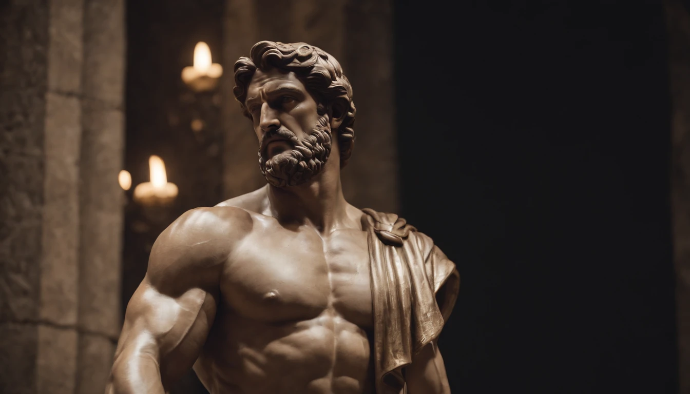 Stoic Greek Hercules style statue with highlighted muscles dark background