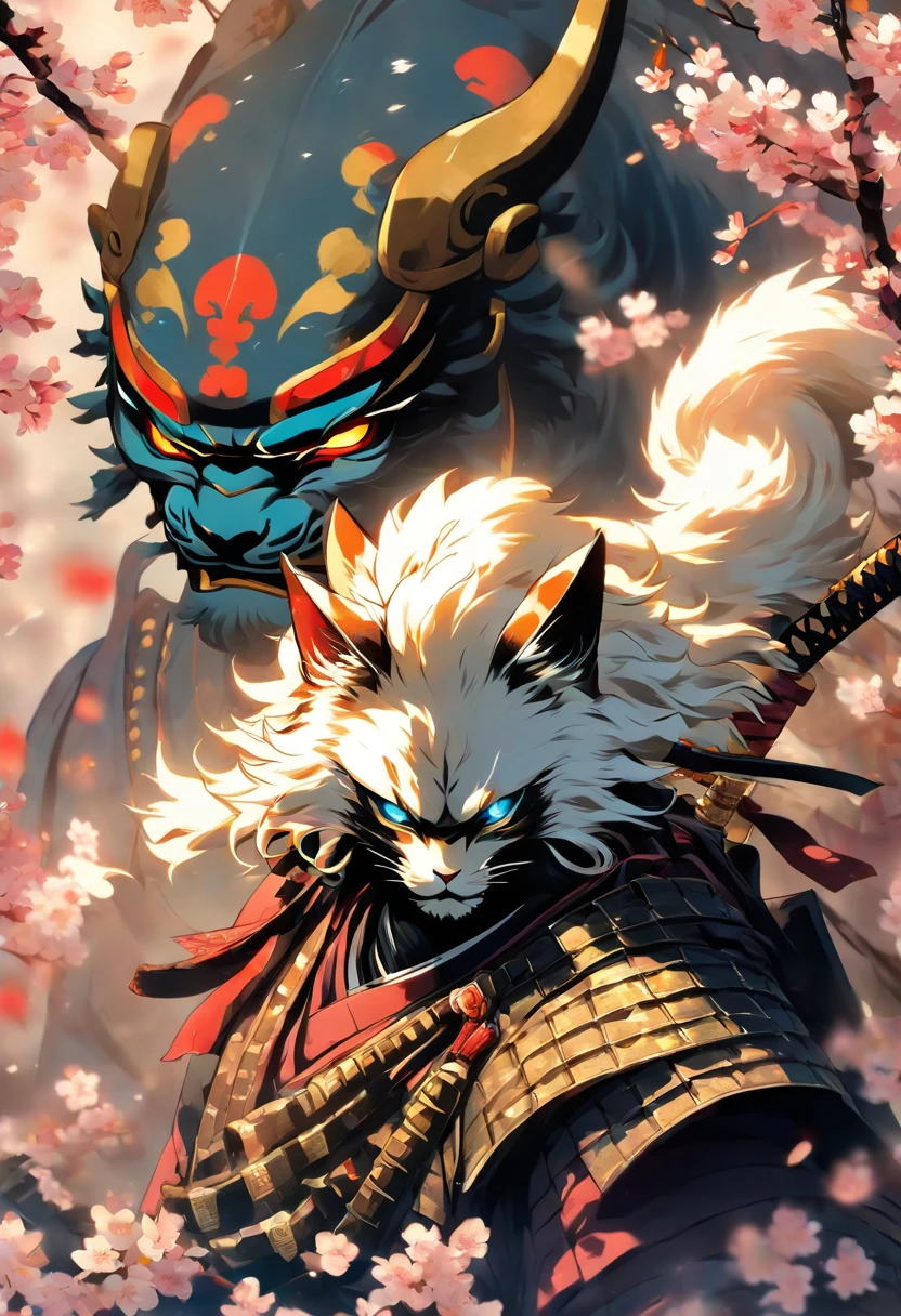 The most brave and noble cat samurai warrior, white hair, blue eyes, incredibly detailed black samurai armor with mounted sashimono war flag, cherry blossoms blowing in the wind, perfect masterpiece, high quality, high resolution