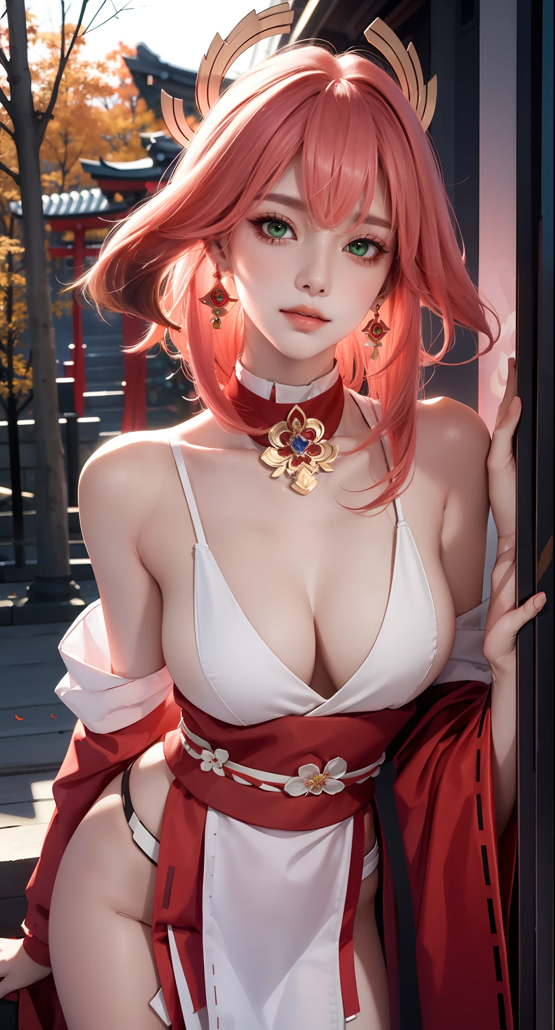 (Masterpiece, Excellent, 1girl, solo, complex details, color difference), realism, ((medium breath)), off-the-shoulders, big breasts, sexy, Yae Miko, long pink hair, red headdress, red highlight, hair above one eye, green eyes, earrings, sharp eyes, perfectly symmetrical figure, choker, neon shirt, open jacket, turtleneck sweater, graffiti, dim lighting, alley, ((mean, seductive, charming)), ((autumn background))), ((Japanese park background)))), (((luminous background))), (dynamic pose), (bend at the waist, bend down and look at viewer:1.1), tulle, bare shoulders, blooming flower fields, radiant skin, faint smile, sexy, bust, no breast cover, naked, cocked ass, tummy look