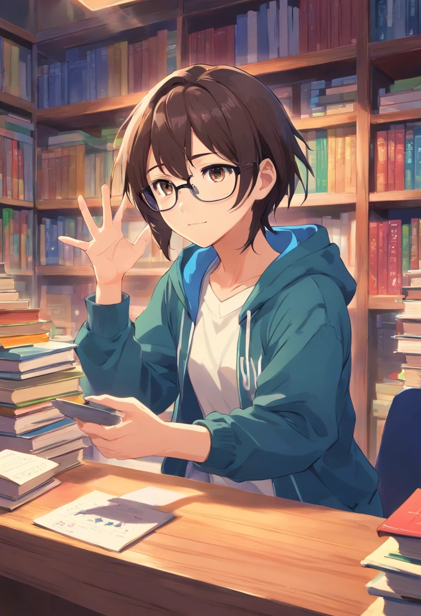 Anime girl sitting at a desk with books and a laptop - SeaArt AI