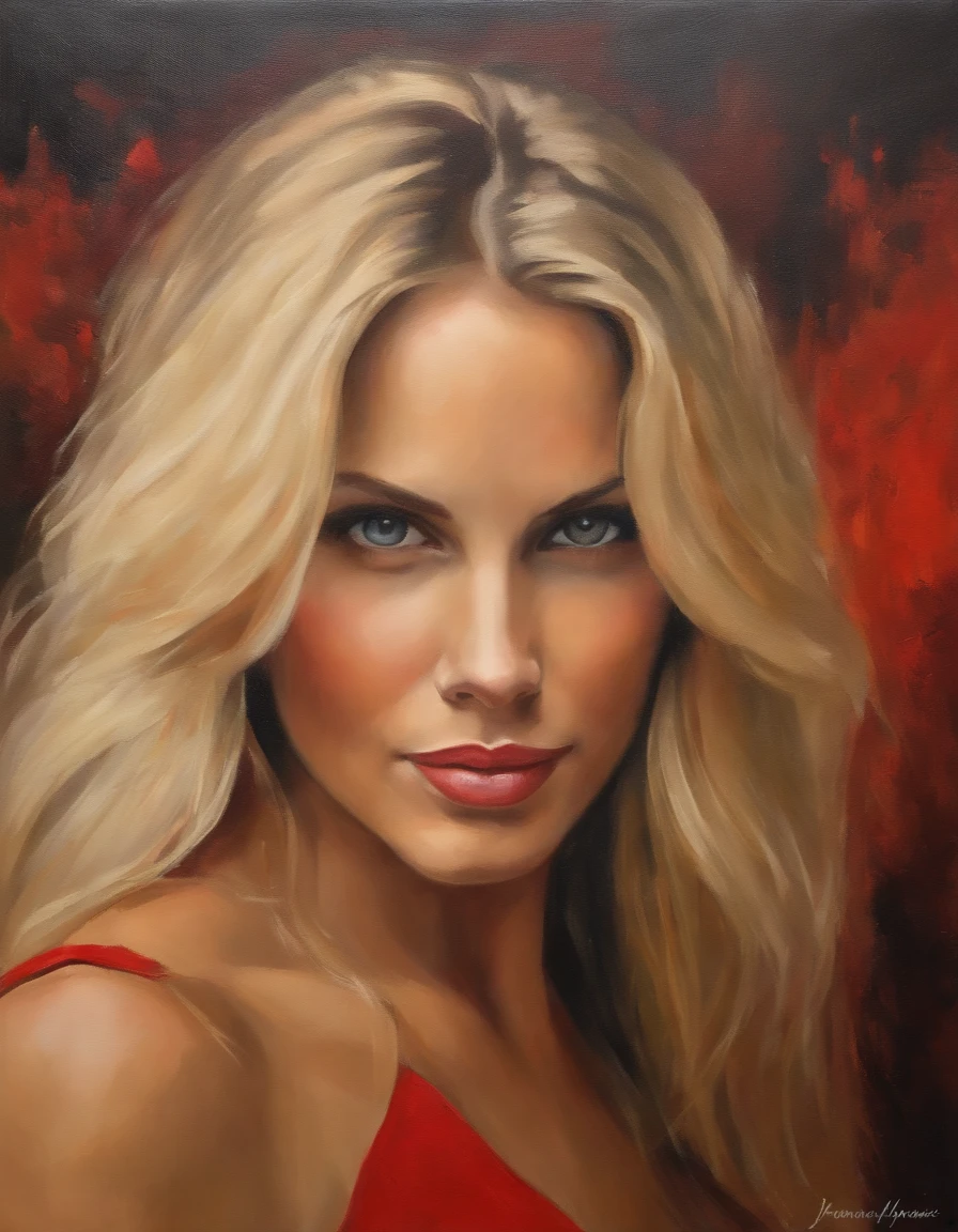 feminine portrait, sophisticated beautiful woman, long blondie hair, grinning eyes, gazing at the horizon, , red and black low-cut dress, acrylic painting, Bold and expressive brushstrokes, impressionistic style, face detailed, Epic surreal background, heavy brush strokes with thick textured paint, specialized lighting and shadows, hight contrast, Fine Art Painting, Junyi Liu.