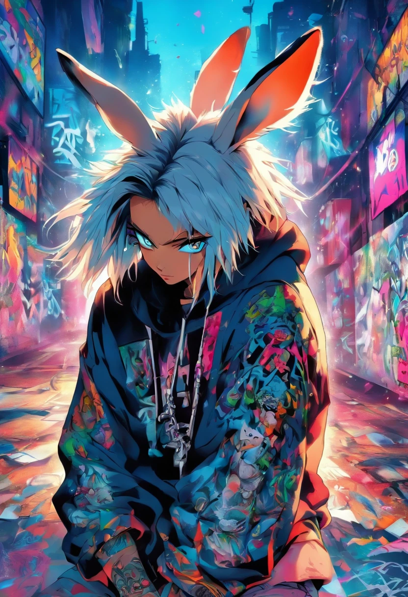 A cool and trendy rabbit, white hair, blue eyes, wearing trendy hip hop clothing, wearing a hoodie, graphic t-shirt and torn jeans, tons of tattoos and piercings, graffiti style background, highly detailed background, perfect masterpiece, high quality, high resolution