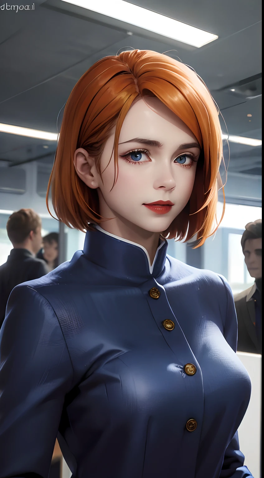 tmasterpiece，best qualtiy，ultra - detailed，illustratio，epic lighting，cinematic compositions，isometry，1girll，ssmile，Redlip，独奏，adolable，orangd eyes，orange color hair，By bang，captivating posture，inside in room，office room，Open the door，looking at viewert，peeking out upper body，seduct smile，Shut your mouth，(8K:1.1),
