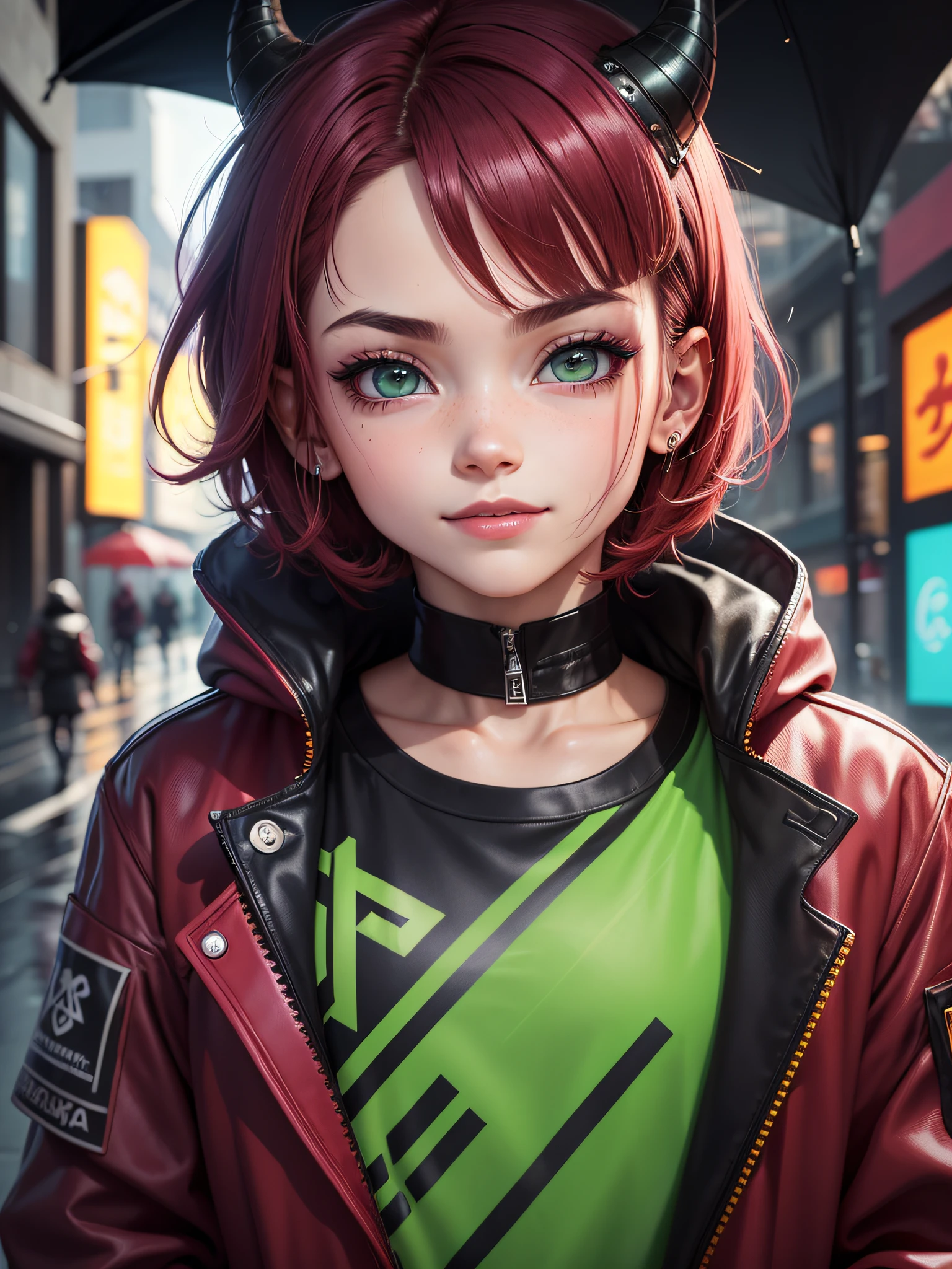 (master part, Beautiful, Altas), illustration, 1st grade, sozinho, (((estilo dos desenhos animados: 1))), (desenho animado ocidental), Demon boy with horns, retrato, sorridente, Black anime medium-short hair length, fofo, pink lips, olhos vermelhos, adulto jovem, Cyberpunk Streetwear, rainy sky, Cityscape, pele de tonalidade vermelha, Olhando para o Viewer, cores brilhantes, dia, ((Frontal: 3)), boca fechada, linearidade espessa: 0.6, olhos vermelhos, Olho Verde, smug, olhos finos