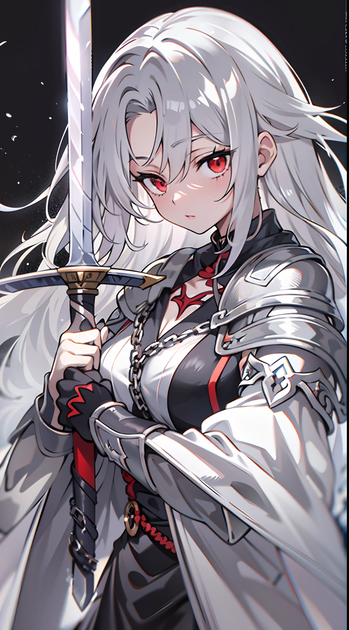 upper body, 1woman, grey hair, Long Haired, red eyes, ((swordwoman)), black cape, big breats, wallpaper, black-white tunic, chain background, light particles, ((masterpiece)), ((best quality)), ((Top Quality)), pale white skin, solo, long black sword on back