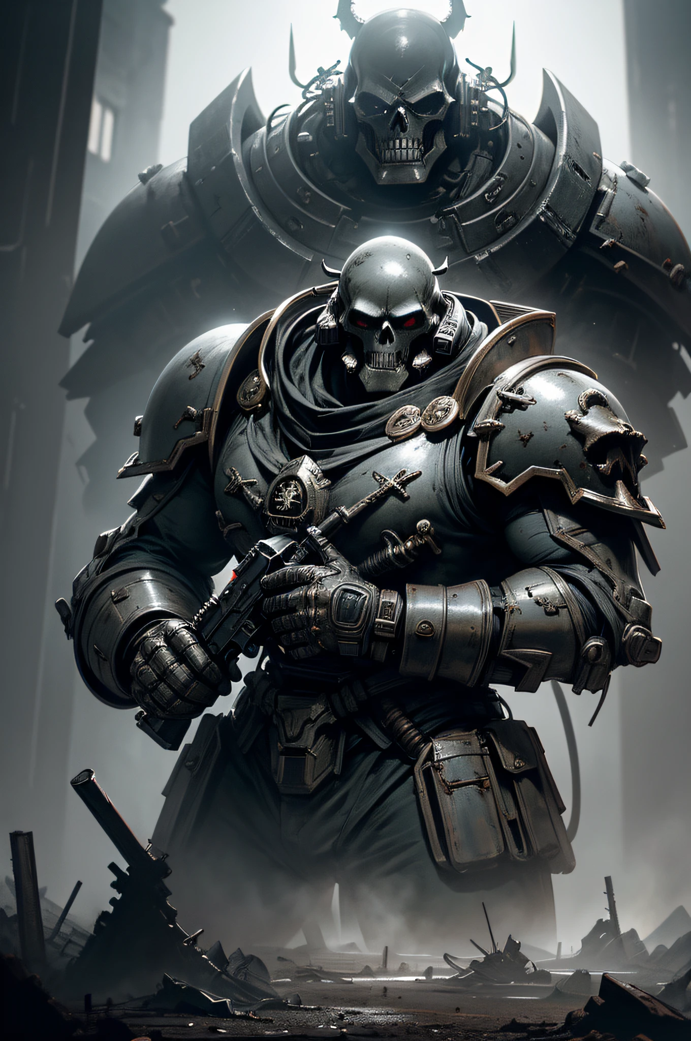 A Space marine, with bolt gun, fighting in a wasteland, Chaos marine, Warhammer style, Skull symbols, Discreet lighting, gloomy atmosphere, dark shadows, subtle highlights, mysterious aura, panoramic photography, wide-angle perspectives intricately details, Highly detailed, volumetric lighting, 4K rendering, stock photo, Ultra photo realism, Lifelike texture, Dramatic lighting, illusory engine style of dark fantasy art, dark fantasy artwork, dark fantasy character design, dark fantasy concept art