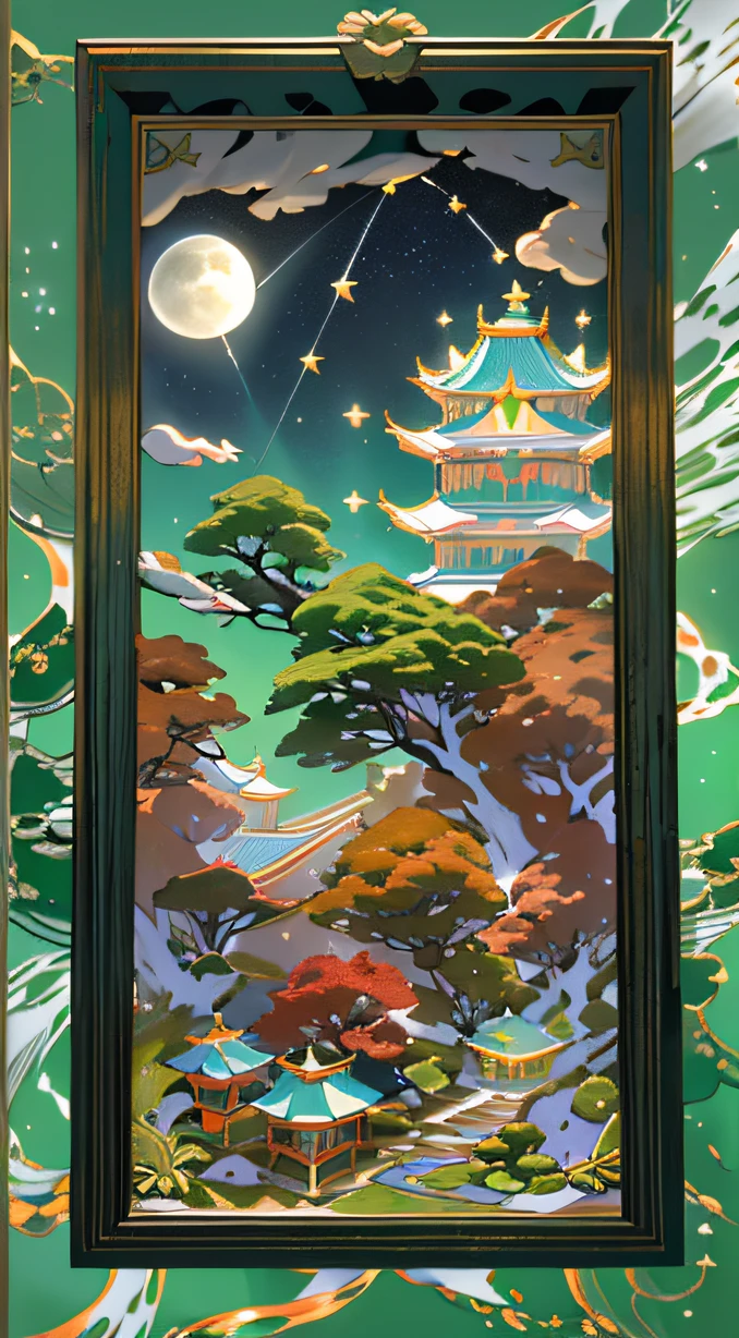 Orange moon,Guanghan Palace,Emerald base,full moon,The pot is composed of Hetian jade,Crystal clear jade carvings,The ivory tortoiseshell is full of color, clearly visible,(Star Draft,starryskybackground,In the glow-in-the-dark world:1.45),