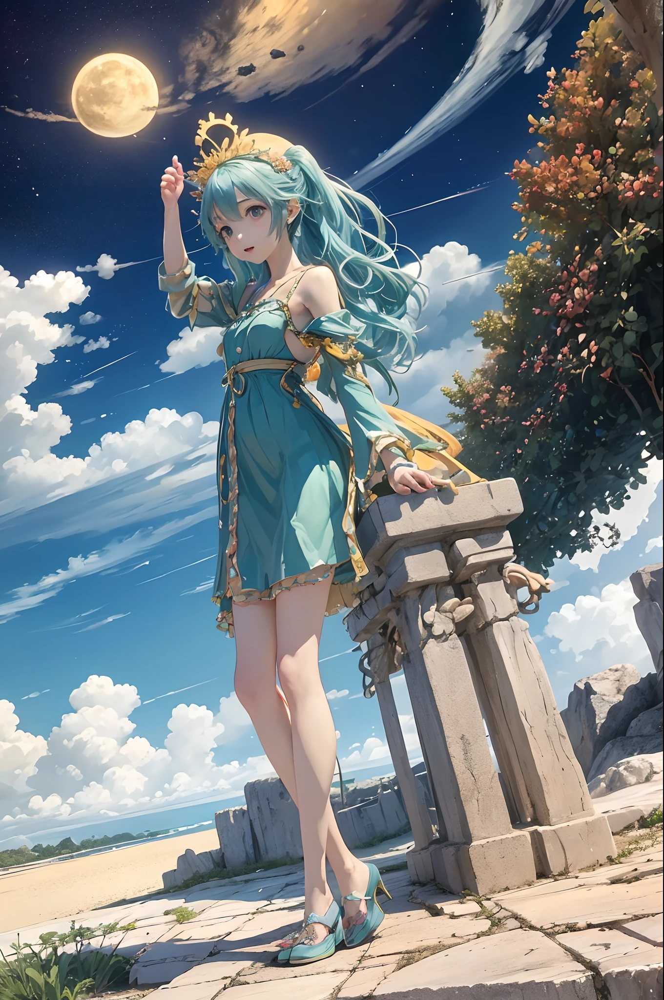 (masterpiece、top-quality、Official art:1.2)、(colourfull)、miku hatsune、see the beholder、1girl in、portlate、独奏、Colorful water levitation