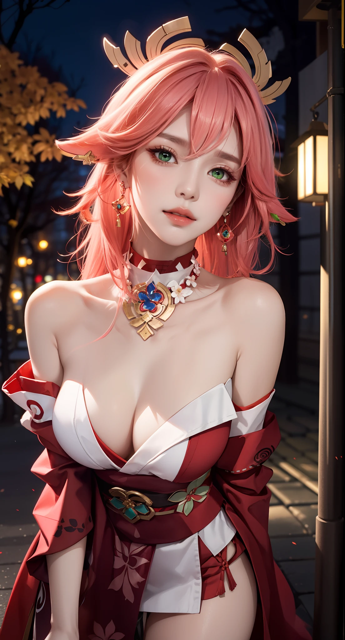 (Masterpiece, Excellent, 1girl, solo, complex details, color difference), realism, ((medium breath)), off-the-shoulders, big breasts, sexy, Yae Miko, long pink hair, red headdress, red highlight, hair above one eye, green eyes, earrings, sharp eyes, perfectly symmetrical figure, choker, neon shirt, open jacket, turtleneck sweater, graffiti, dim lighting, alley, ((mean, seductive, charming)), ((autumn background))), ((Japanese park background)))), (((luminous background))), (dynamic pose), (bend at the waist, bend down and look at viewer:1.1), tulle, bare shoulders, blooming flower fields, radiant skin, faint smile, sexy, bust, no breast cover, naked, cocked ass, tummy look