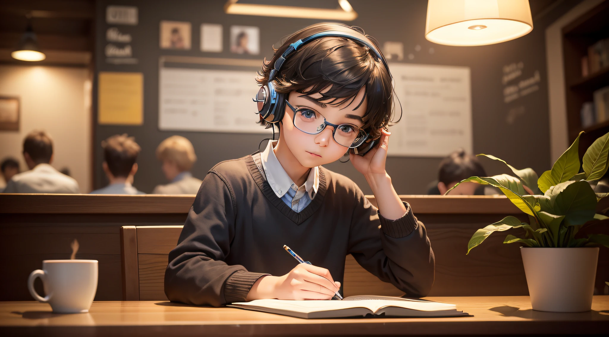 Design a captivating YouTube channel image for an educational channel centered around study and learning, symbolized by an enthusiastic 7-year-old boy. Create a scene where the young boy, with glasses perched on his nose and headphones over his ears, is seated at a coffee shop table, fully immersed in his studies.
The coffee shop should have a warm and welcoming atmosphere, with soft lighting and the subtle hum of conversation in the background. The boy's expression should convey intense concentration as he engages with his books, notebooks, and a digital tablet. His headphones should hint at the world of knowledge and learning he is diving into.
Incorporate the channel's name, 'Café Scholar,' in a font that complements the image's overall ambiance. Position the text creatively within the image, ensuring it blends seamlessly with the scene and reflects the channel's educational theme.
The image should convey a sense of curiosity, dedication, and the idea that learning can happen anywhere, even in the midst of a bustling coffee shop. It should inspire viewers to embrace the joy of studying and exploration, just like the boy at the café