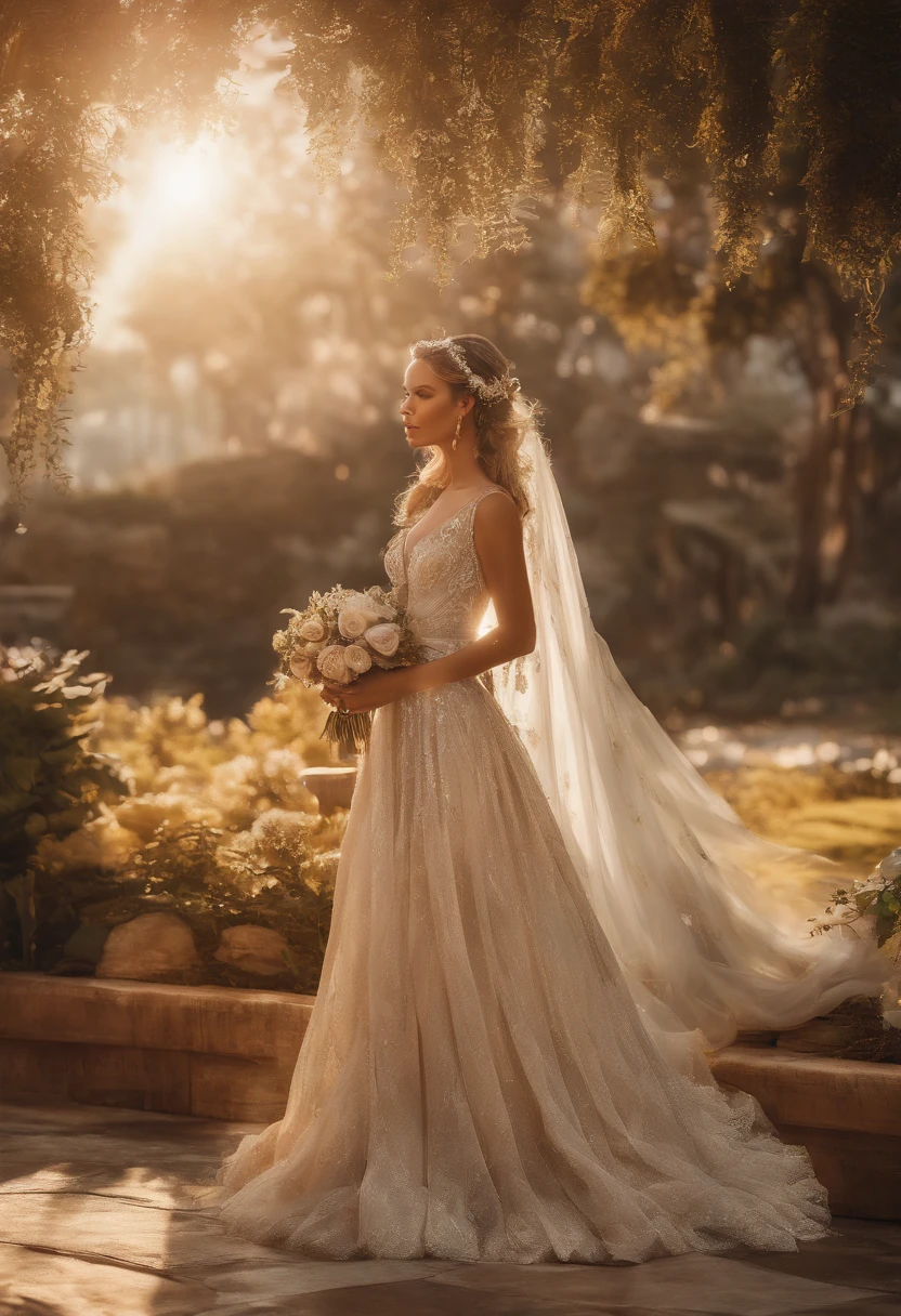 Noiva ((mulher)) e noivo ((homem)) realista, mulher vestida de noiva com um longo e luxuoso de vestido de noiva, The groom is wearing an elegant suit. Couple is at a wedding ceremony in the garden, sol encharcado, Roberto Ferri e Ruan Jia, very magical and dreamy, noivos, Durante a Hora Dourada, imagem surrealista, golden hour sunset lighting, luz solar da hora dourada, Tiro na Hora de Ouro, soft golden hour lighting, sparkling in the sunlight. alta qualidade,master part, melhor qualidade, (extremamente detalhado CG unidade 8k papel de parede), (melhor qualidade), (best illustration), (Melhor sombra), absurdos, realistic lighting, imagem surrealista.