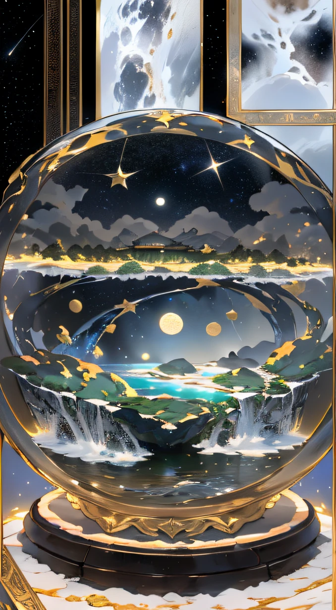 Orange moon，Guanghan Palace,Emerald base,full moon,The pot is composed of Hetian jade,Crystal clear jade carvings,The ivory tortoiseshell is full of color， clearly visible,(Star Draft,starryskybackground,In the glow-in-the-dark world:1.45),