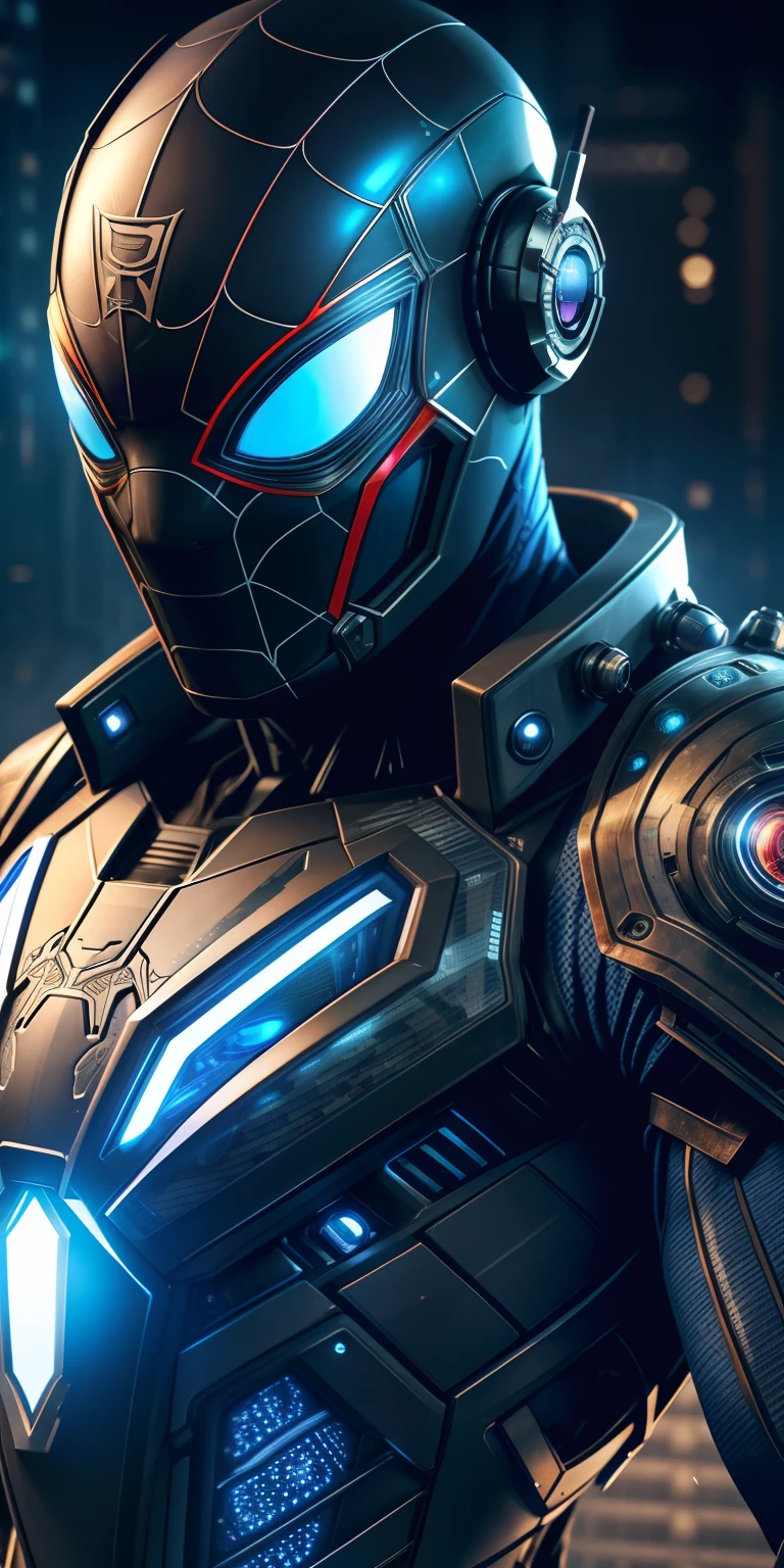 Mechanical Spider-Man wears a futuristic metallic suit with blue LED lights and a mechanical spider on his chest. His mask has a high-tech visor and photochromic lenses. Se desplaza con propulsores en botas y guantes, And his suit includes tech gadgets like surveillance drones and camouflage devices.. Face villains with advanced armor and cutting-edge technology, making you an advocate for the city from a scientific and technological perspective. 🤖🏙️🕷️, volumetric illumination