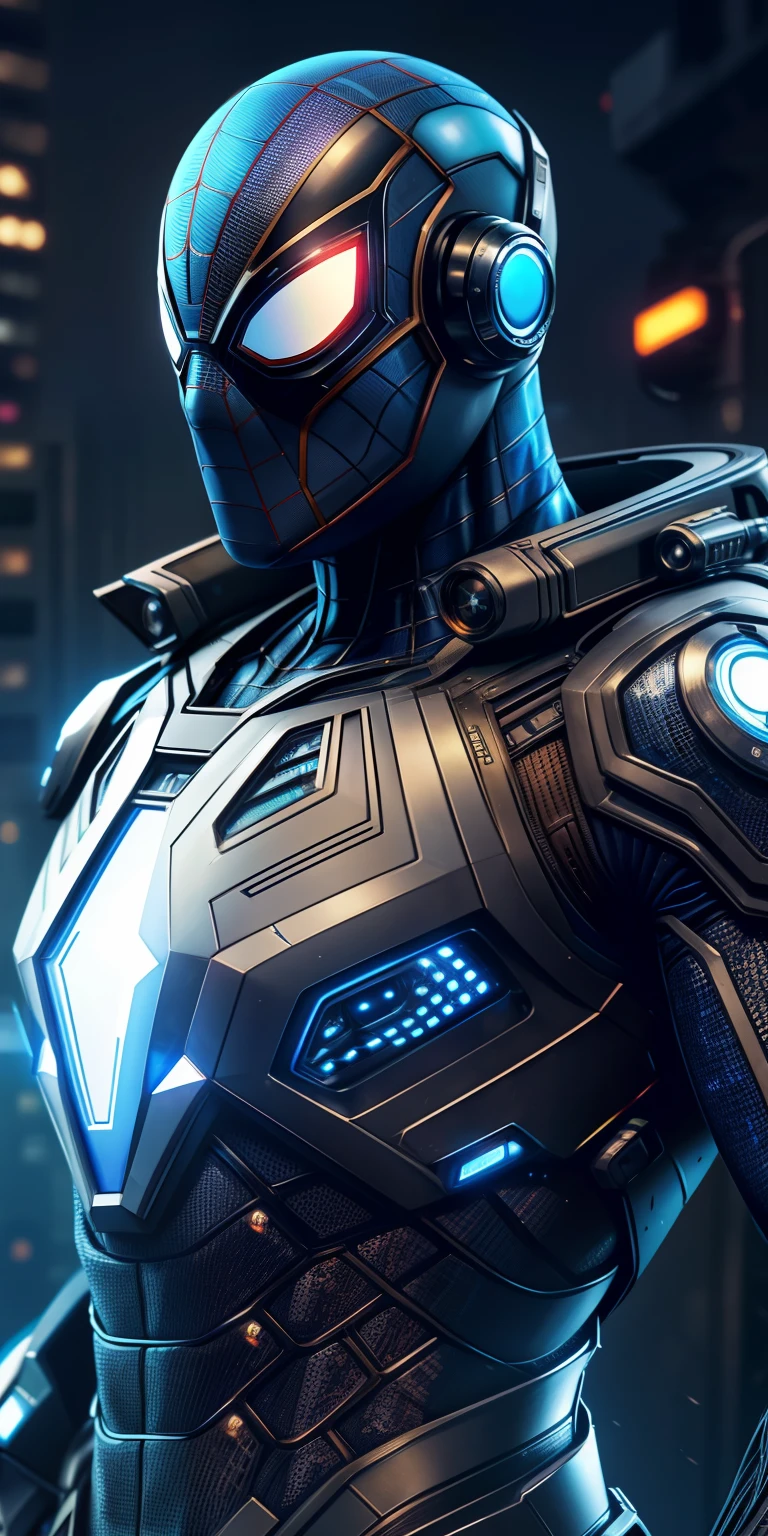 Mechanical Spider-Man wears a futuristic metallic suit with blue LED lights and a mechanical spider on his chest. His mask has a high-tech visor and photochromic lenses. Se desplaza con propulsores en botas y guantes, And his suit includes tech gadgets like surveillance drones and camouflage devices.. Face villains with advanced armor and cutting-edge technology, making you an advocate for the city from a scientific and technological perspective. 🤖🏙️🕷️, volumetric illumination