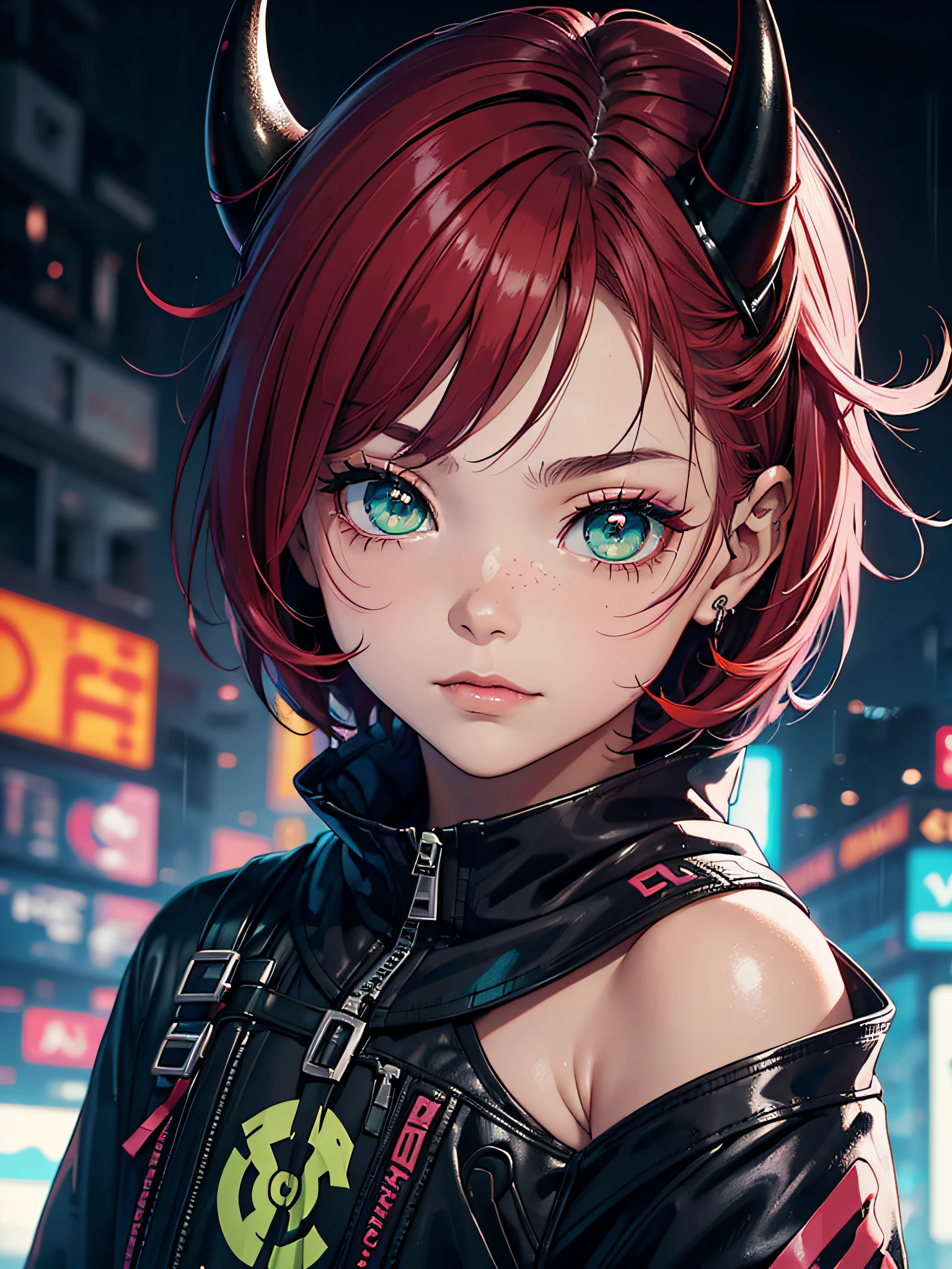 (master part, Beautiful, Altas), illustration, 1st , sozinho, (((estilo dos desenhos animados: 1))), (desenho animado ocidental), Demon boy with horns, retrato, sorridente, Black anime medium-short hair length, fofo, pink lips, olhos vermelhos, adulto jovem, Cyberpunk Streetwear, rainy sky, Cityscape, pele de tonalidade vermelha, Olhando para o Viewer, cores brilhantes, dia, ((Frontal: 3)), boca fechada, linearidade espessa: 0.6, olhos vermelhos, Olho Verde, smug, olhos finos