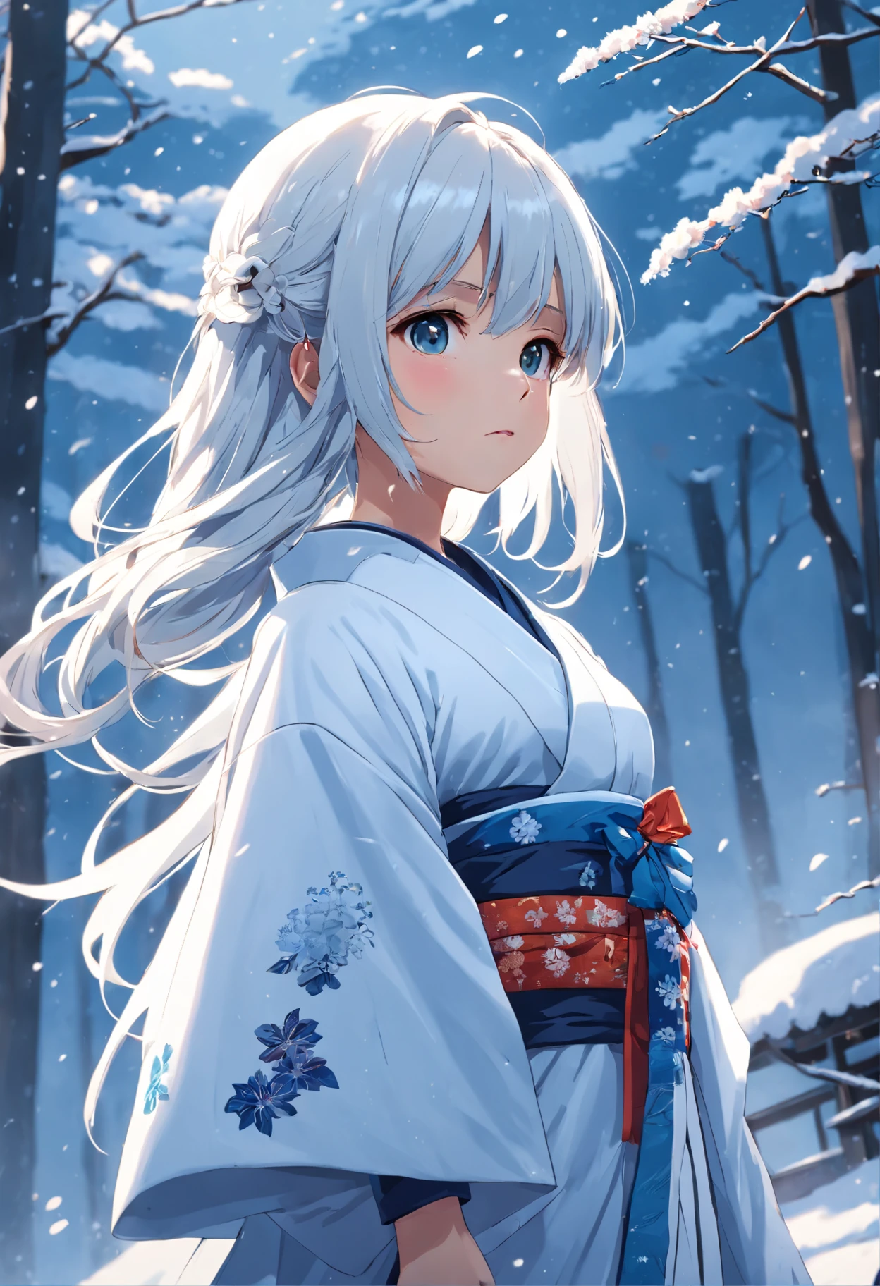 masterpiece, high end photography. ultra clean, high definition of girl wearing a white and blue kimono in the snow