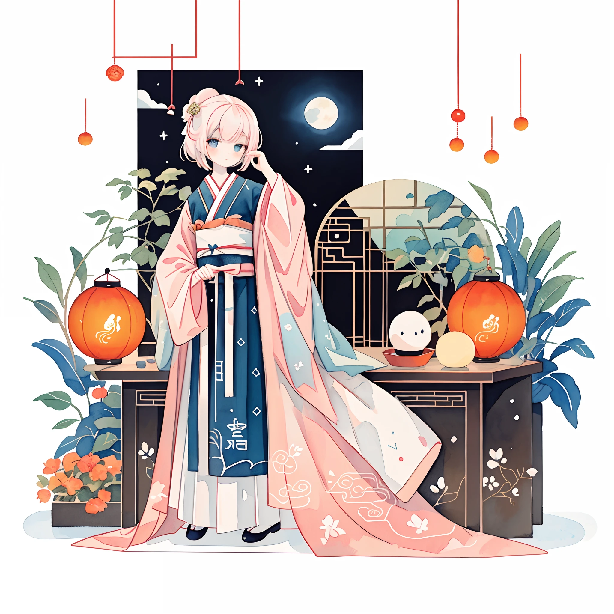 (pastelcolor:1.3)、(cute illustration:1.3)、(watercolor paiting:1.1),（A rabbit：1.4）, Leaning against the window, Look up at the moon, （（sweet osmanthus，Kongming Lantern，Meniscus，Moon cake：1.3）），Mid-Autumn Festival atmosphere：1.3，（Chinese kanji：1.3），Traditional Chinese illustration style, Digital art, Simple background, Masterpiece on white background, Best quality, Ultra-detailed, High quality, 4K