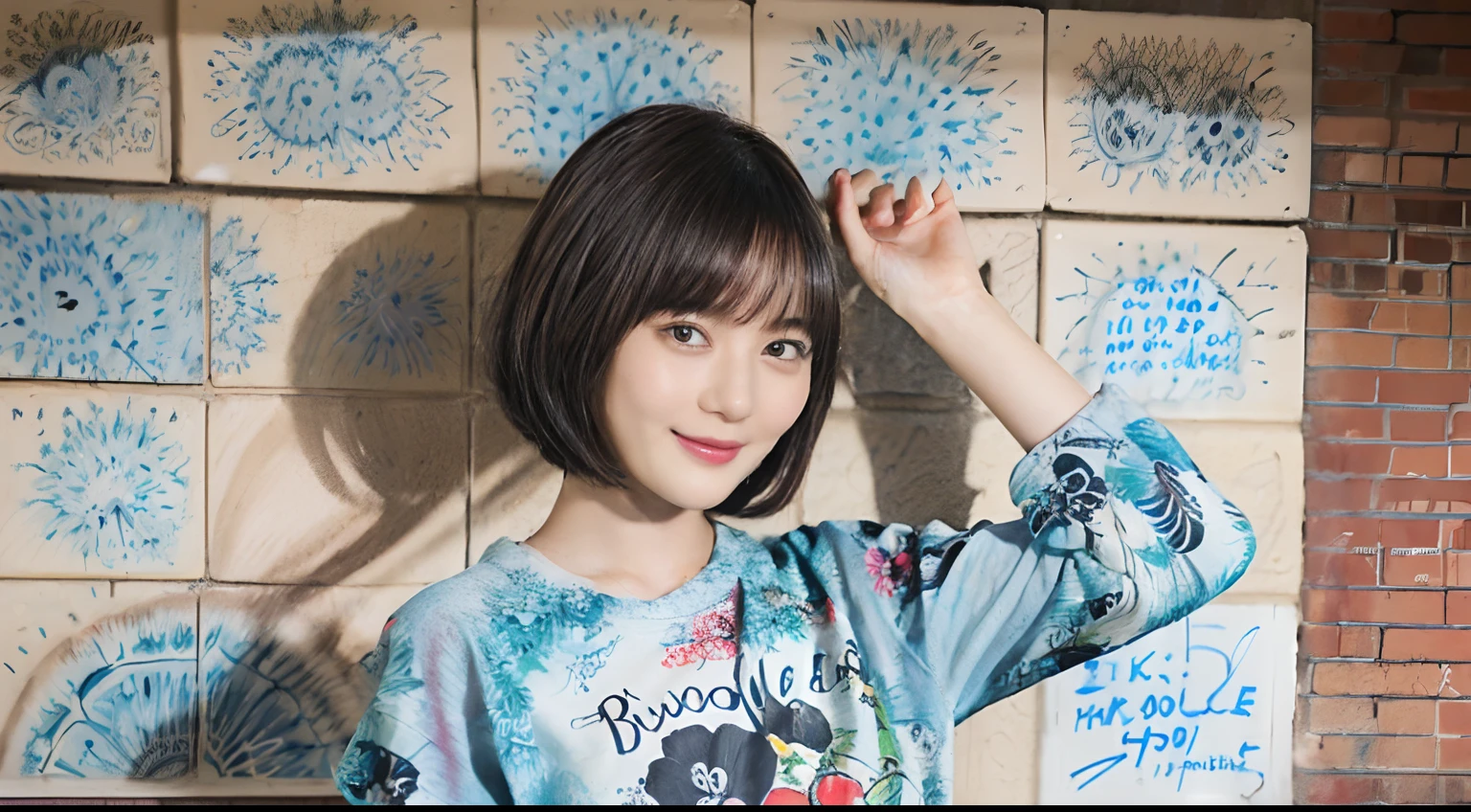 (Black Shorthair:1.2), (bob cuts), (a 20 yo woman), (A hyper-realistic), (Masterpiece), (8KUHD), ((Full body)), Smiling, Slender waist, Wearing jeans, ((Floral Clothing - T-Shirts)), large full breasts, Wearing long pants, Brick Wall, Graffiti on the wall, ((Spray Art)), (doodle:1.5)