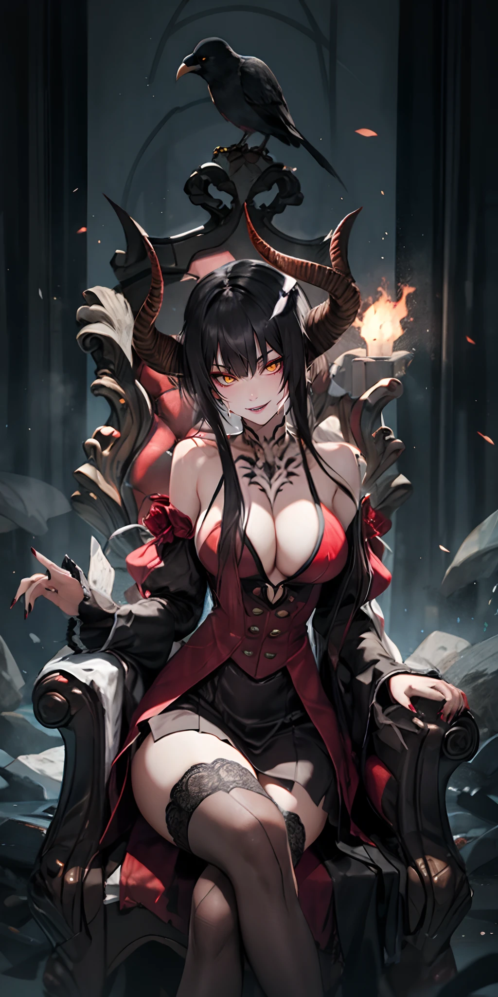 1girl, black_hair, long_hair, breasts, sitting, solo, horns, very_long_hair, bare_shoulders, dress, looking_at_viewer, barefoot, cleavage, crossed_legs, nail_polish, gloves, black_dress, red_nails, wings, thighs, large_breasts, wide_sleeves, bird, toenail_polish, bangs, throne, smile, detached_sleeves, feet, indoors, feathered_wings, crow, mole, jewelry, mole_on_breast, red_eyes, elbow_gloves, feathers, red_flower, bare_legs, head_tilt, long_sleeves, collarbone, hair_between_eyes, hair_ornament, full_body, yellow_eyes, medium_breasts, closed_mouth, steaming body, fog,