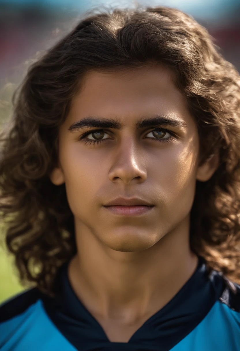 Goleiro, cabelo curto, olhos castanhos, shirt of the mouth Junior, campo de futebol, ultra realista, camisa 12