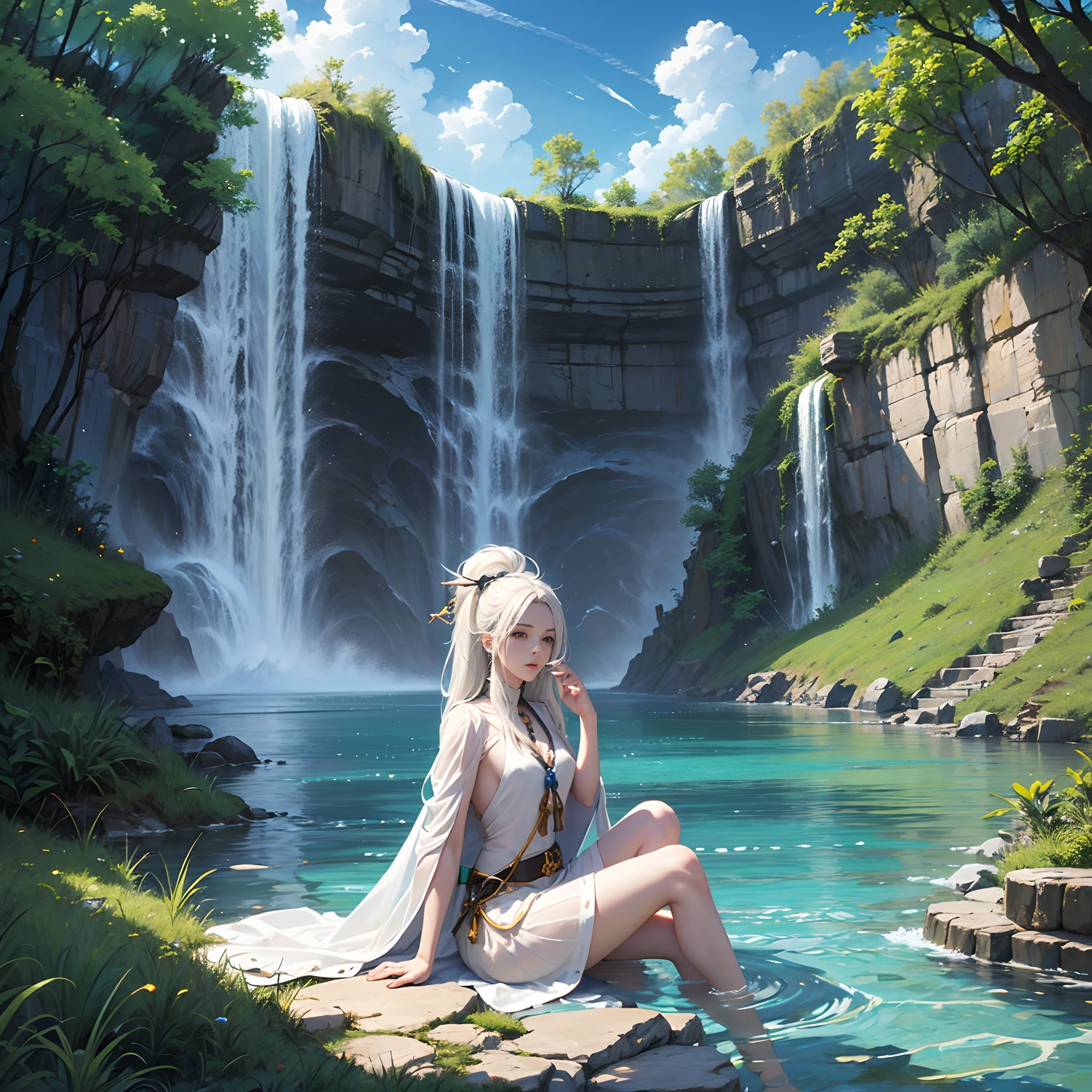 (​masterpiece), realistic, cinematic light,-yeld, 3rls are frolicking under the fountain, full body, from below and side, beautiful eyes, silver hair, perfect anatomy, very cute, (blue eyes), bio luminescent, 8 class large, 8K, human hands, character sheets, concept-art, smooth and detailed hairstyle, Fractal art, splash, eyes shed tears while holding back the pain, open mouth and stick your tongue out,