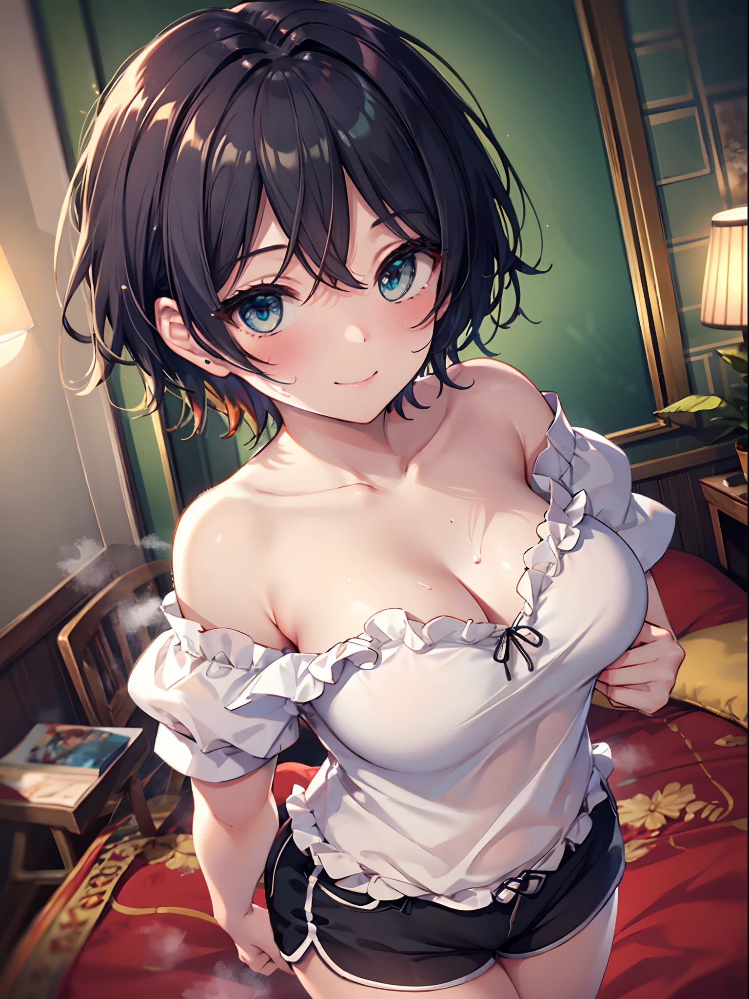 1girl in, (Chiquita:1.2), 1girl, sarashina_ruka,  short-hair, Dark hair,
(Close Shot, Best Quality, hight resolution, 4K, Detailed Lighting, Shaders, NSFW), 
White Off-Shoulder Ruffled Shirt,  Strapless, cleavage, Shorts, 
Smiling, Sweat, steam, Nipple, 
Bedroom, 
From  above, 
grabbing on breasts,