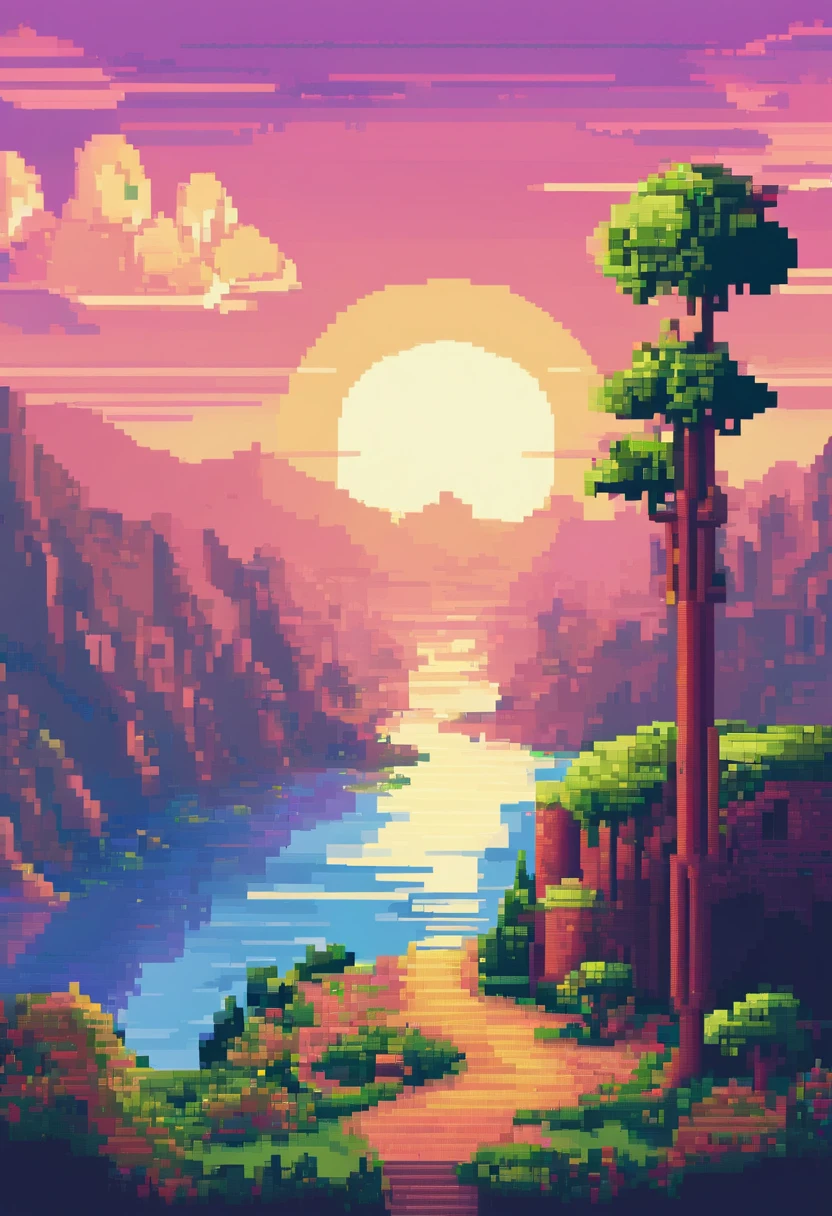 Pixel Art Tourist Landscape. evening. 3D pixel art 4K wallpapers. Amazing pixel art details. Pixel art. vaporwave. Detailed Unreal Engine pixel art