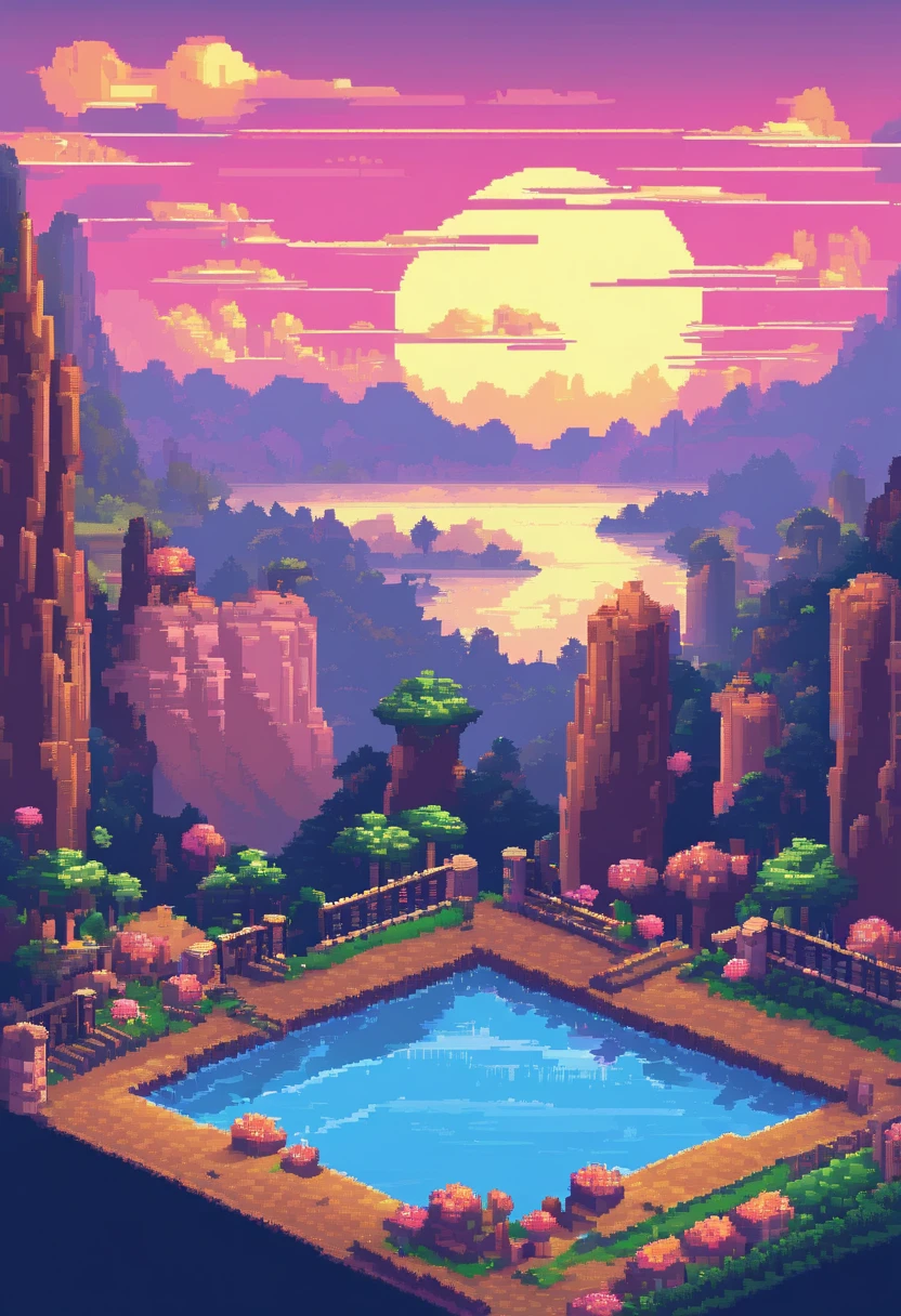 Pixel Art Tourist Landscape. evening. 3D pixel art 4K wallpapers. Amazing pixel art details. Pixel art. vaporwave. Detailed Unreal Engine pixel art